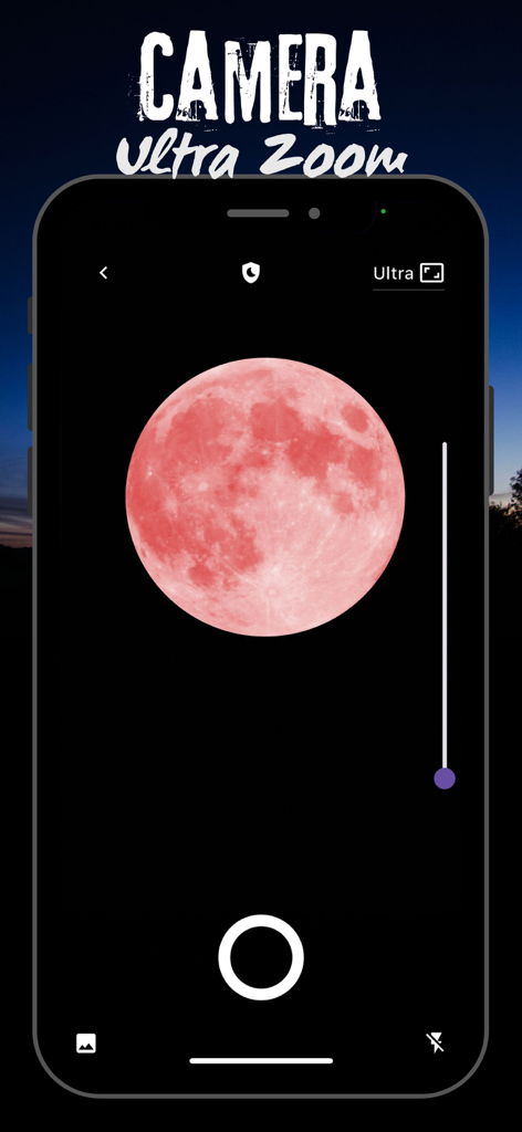 Ultra Camera Zoom 100x - A smartphone interface from the Ultra Camera Zoom 100x app showing a highly magnified view of a pink moon