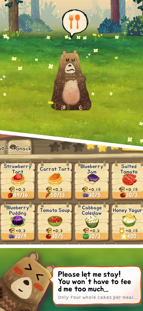Capturas de pantalla de Animal Forest Fuzzy Seasons mostrando a un oso pardo pidiendo comida y un menú de bocadillos que se pueden elaborar, como tartas de fresa y mermelada de arándanos