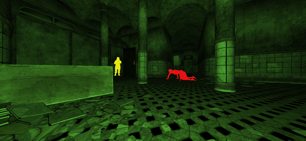 The Phenomenon - Vista de visión nocturna de dos espíritus brillantes en un pasillo oscuro en el juego The Phenomenon.