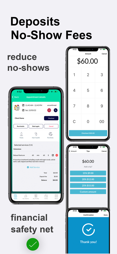 Ring My Stylist: Booking App - Ring My Stylist app screens displaying appointment details, payment checkout, and tip options for beauty professionals.