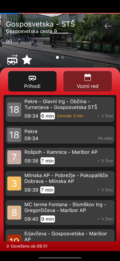 Mobile app interface displaying real-time bus arrival times and schedules for Maribor public transport