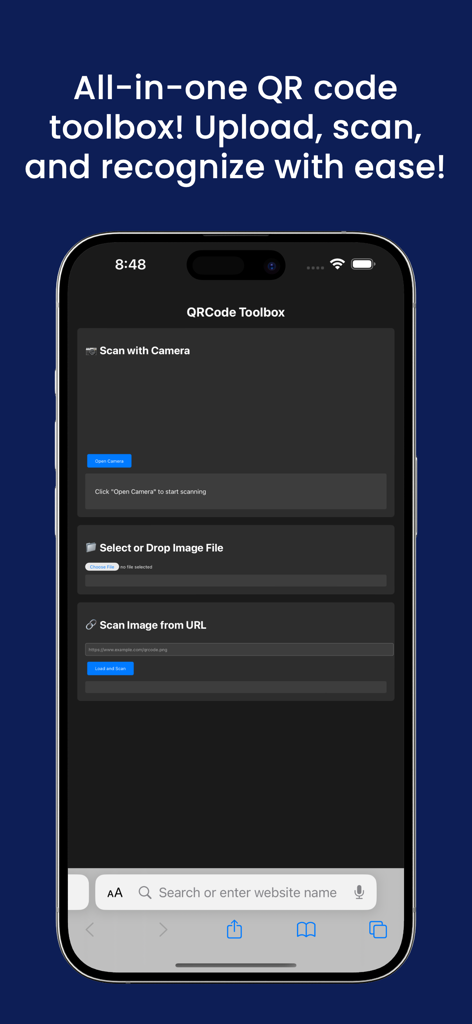 URL QRCode Helper-for Safari - iPhone interface showing the QR code toolbox with camera scan and file upload options