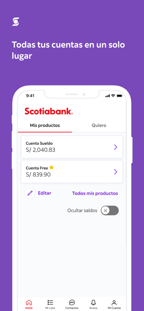 Scotiabank Perú - Interface do aplicativo móvel Scotiabank Peru mostrando saldos de contas e recursos de gerenciamento financeiro