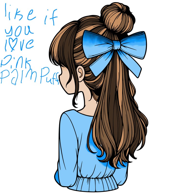 realistic girl  with hip length hair a bun and a big bow on the back of head