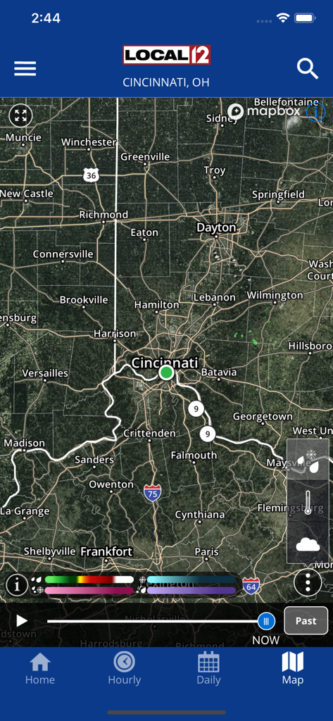 Mapa de radar de alta resolução do aplicativo de tempo WKRC WX da área de Cincinnati, Ohio