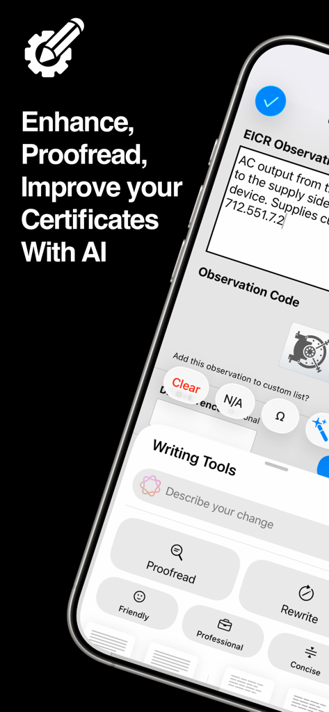 iCertifi - iCertifi mobile app showcasing AI writing tools for professional electrical certificate observations