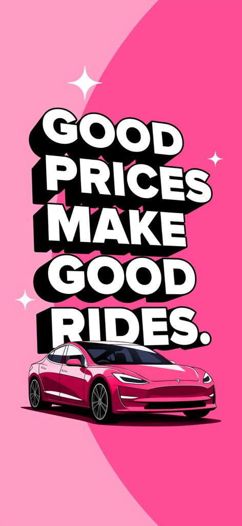 Heetch marketing graphic with the slogan Good Prices Make Good Rides and a pink electric car illustration on a pink background
