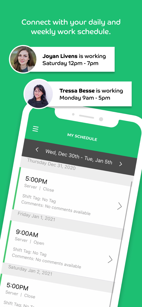 Mobile app screen showing daily and weekly work schedules for employees