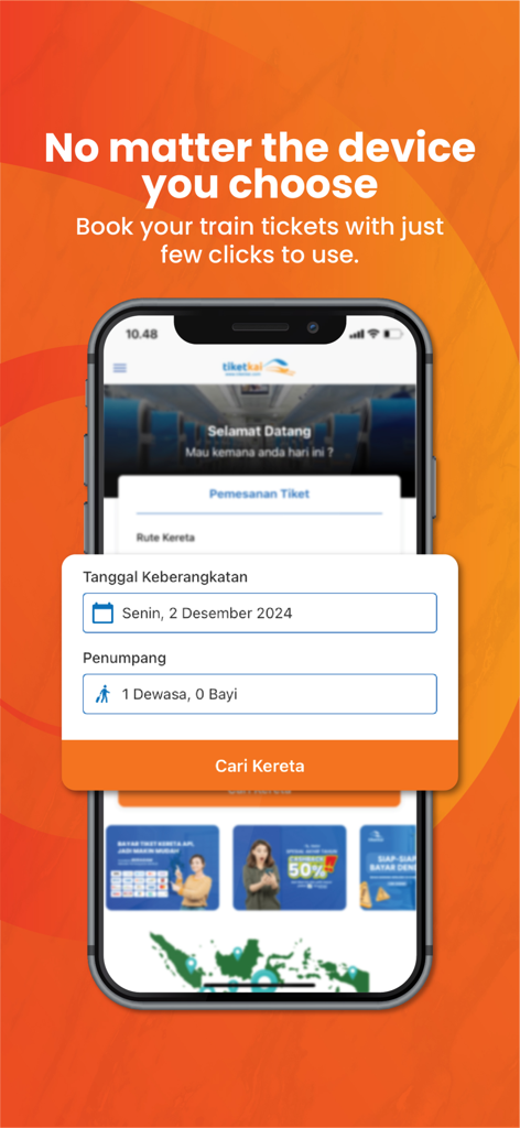 Tiket Kereta Api Online - iPhone mostrando la interfaz de la aplicación Tiket Kereta Api Online para buscar billetes de tren de Indonesia