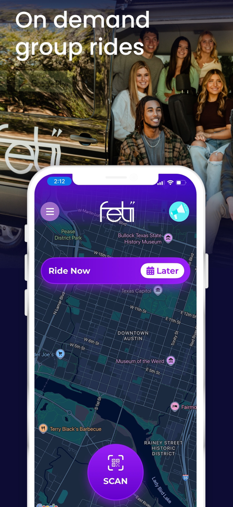 Fetii Ride - Interface de l'application Fetii Ride montrant une carte d'Austin pour la réservation de trajets de groupe à la demande
