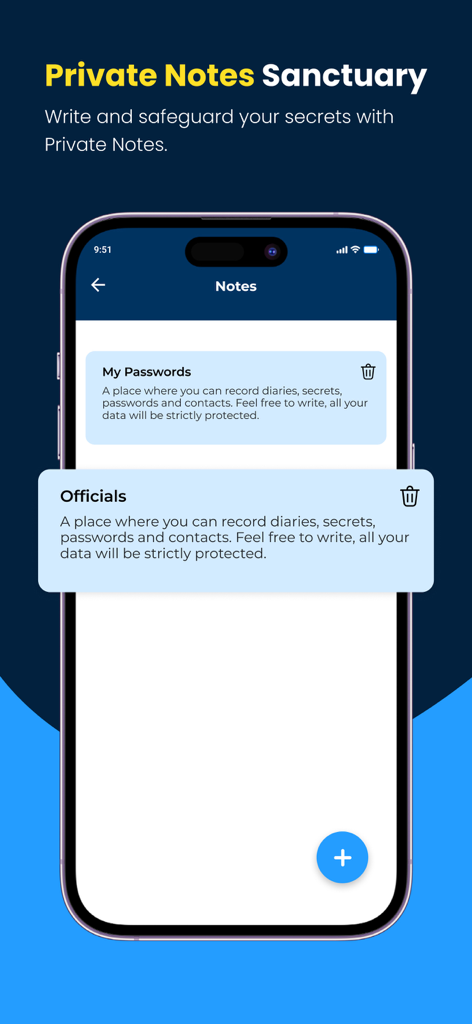 Calculator Vault - Lock Photo - Captura de pantalla de la aplicación Calculator Vault que muestra la función de Santuario de Notas Privadas para asegurar contraseñas y secretos