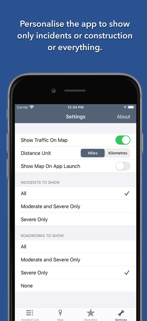 Settings menu of the Louisiana State Roads app showing personalization options for traffic incidents and roadworks.