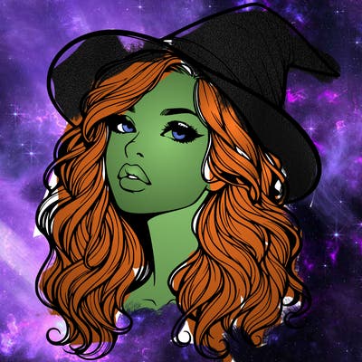 realistic witch girl with wavy hair and lips