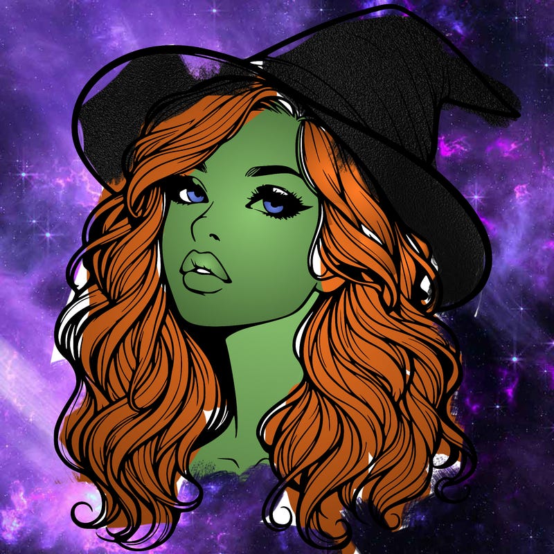 realistic witch girl with wavy hair and lips
