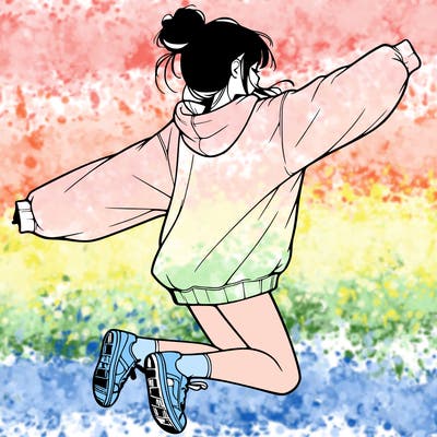 realistic girl jumping with a bun and oversized sweatshirt