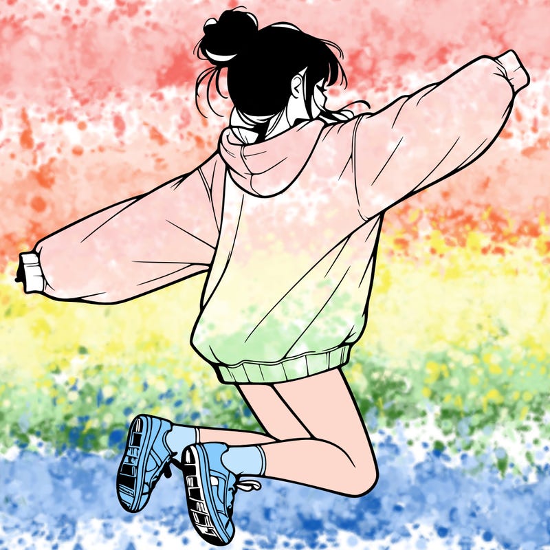 realistic girl jumping with a bun and oversized sweatshirt