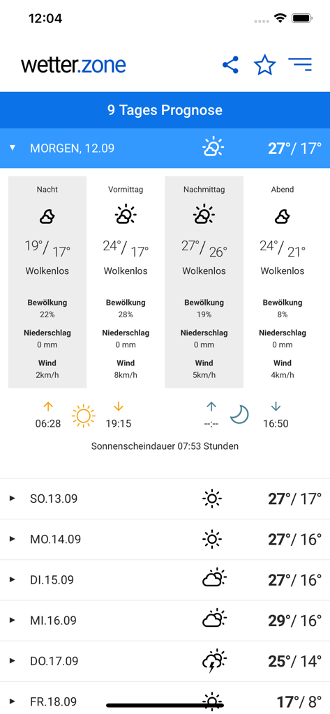 A detailed 9-day weather forecast display in the wetter.zone app showing daily and hourly meteorological data.