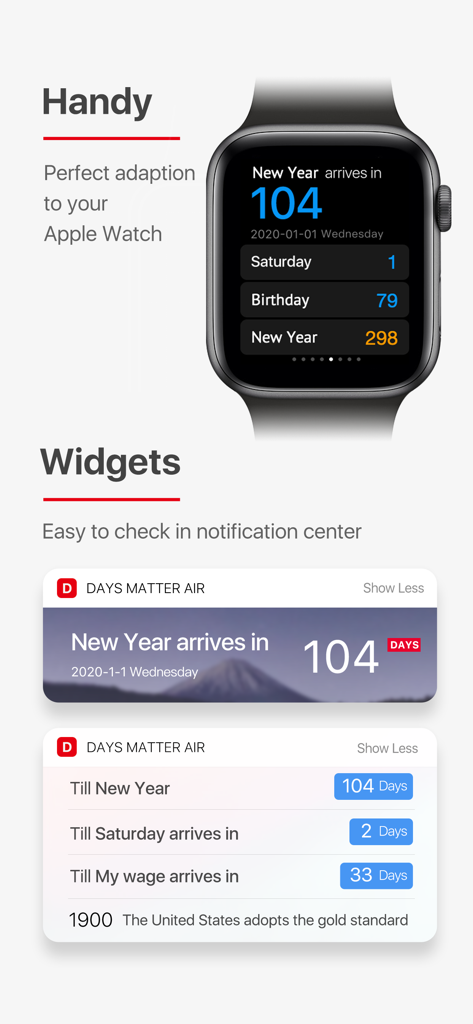 Days Matter Air app interface on an Apple Watch and various countdown widgets for iPhone