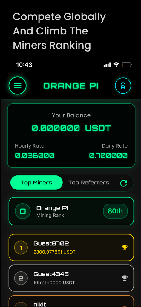 USDT Mining - Un classement mondial dans l'application de minage d'USDT montrant les meilleurs mineurs et le classement des utilisateurs