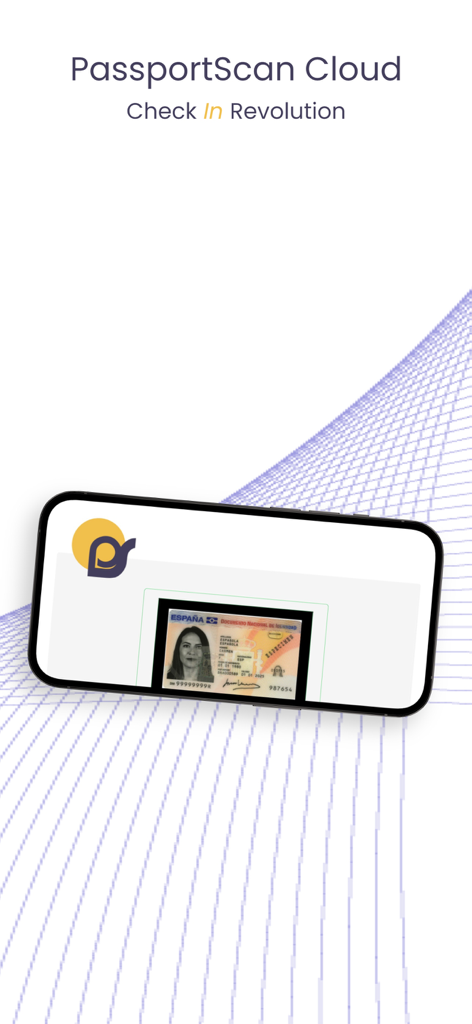 Interfaz de la aplicación PassportScan Cloud mostrando un smartphone escaneando una tarjeta de identidad para el check-in de un huésped