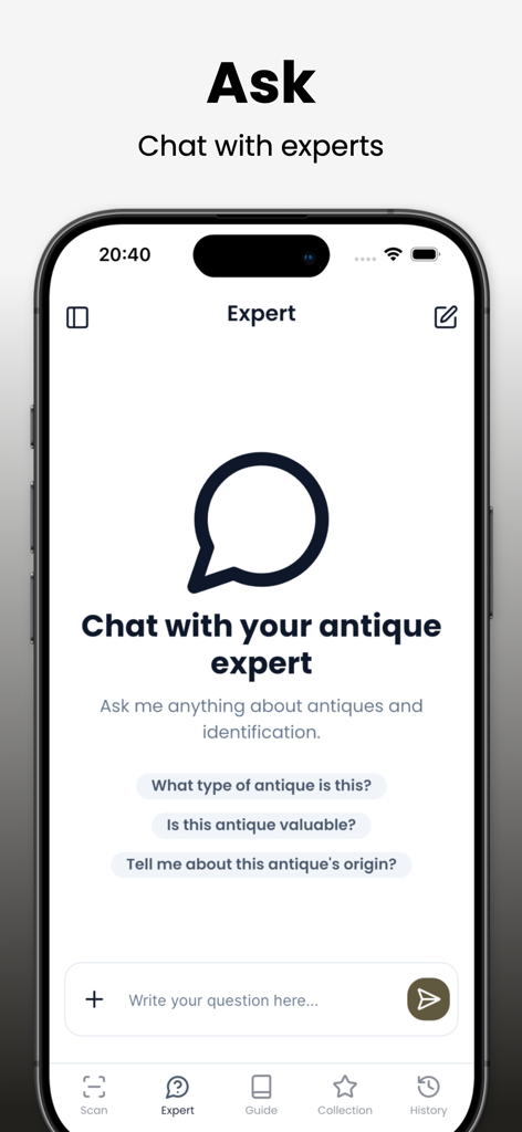 A mobile app interface titled Expert featuring a chat interface to ask questions about antique identification and value