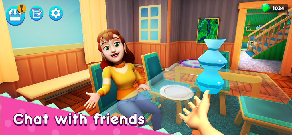 A smiling female character sitting in a dining room in the Homemaker Mother Simulator game with the text Chat with friends.