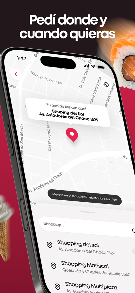 Monchis - Delivery App - パラグアイの配達先住所を選択するための地図が表示されているMonchisデリバリーアプリのインターフェース。