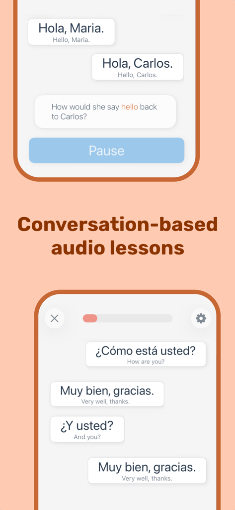 Learn Spanish with Coquí - Screenshot showing conversational audio lessons in the Learn Spanish with Coquí app interface.