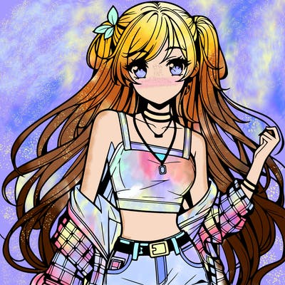 hot anime girl with long hair wearing a crop top and jorts