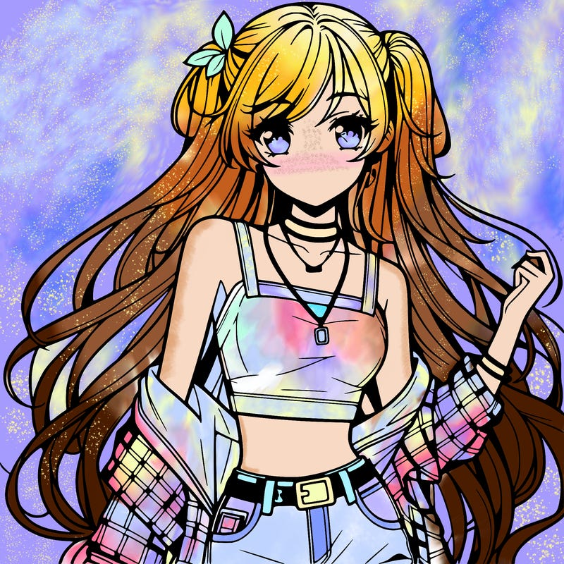 hot anime girl with long hair wearing a crop top and jorts