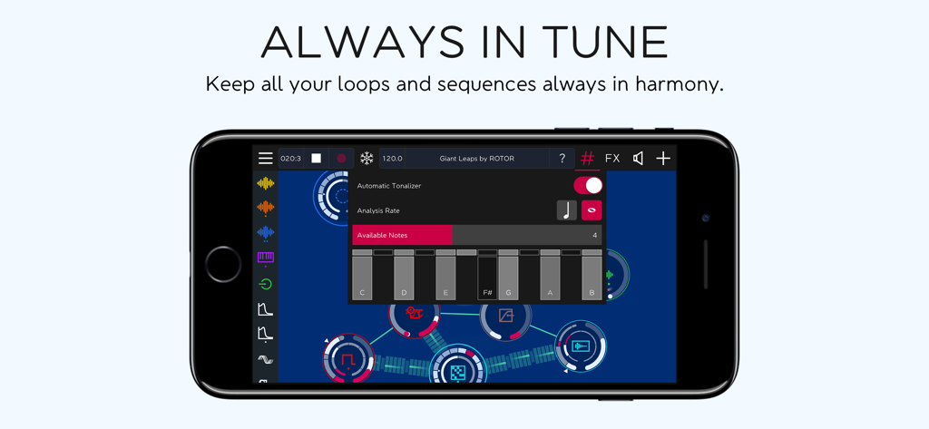 ROTOR music synth app interface showing the automatic tonalizer and note selection for harmony