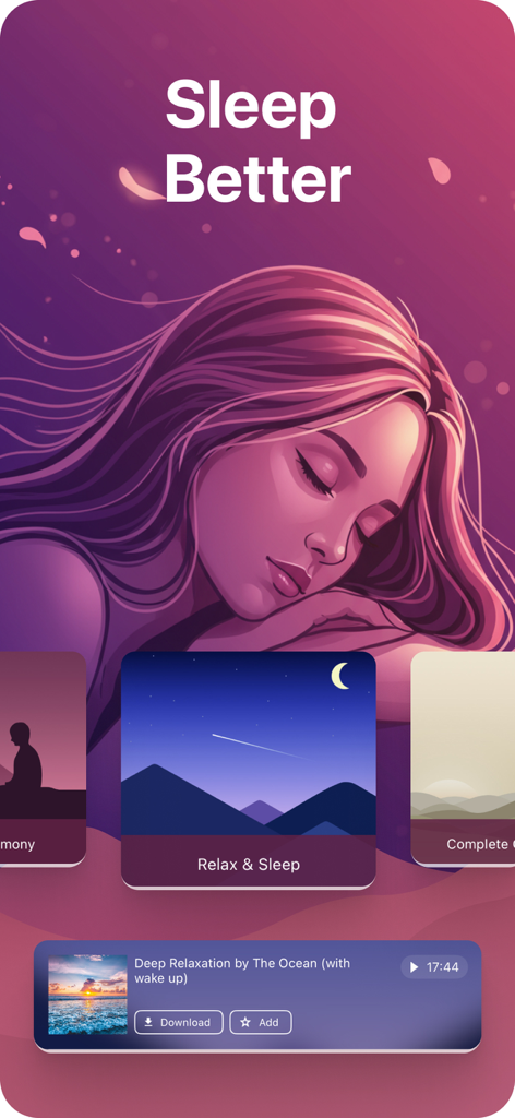 Harmony Self Hypnosis - Harmony Self Hypnosis app interface showing a Sleep Better screen with a relaxation session and a peaceful sleeping woman illustration