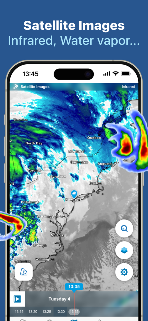 Meteored app interface showing an infrared satellite weather map of the Northeast United States and Canada