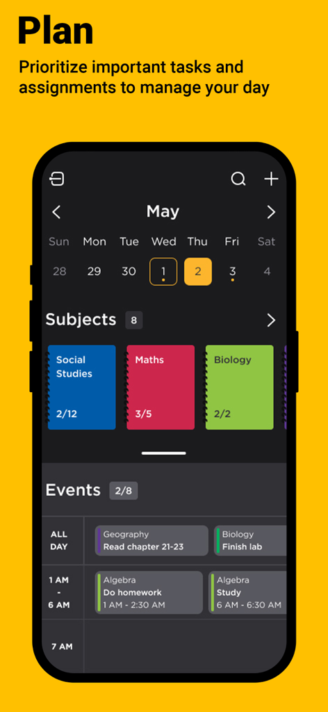 Five Star Study App interface showing a student study schedule with calendar subjects and daily tasks
