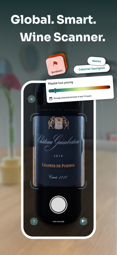 Vinara - Wine cellar manager - Vinara app's smart wine scanner identifying a bottle and displaying aging potential and grape varieties.
