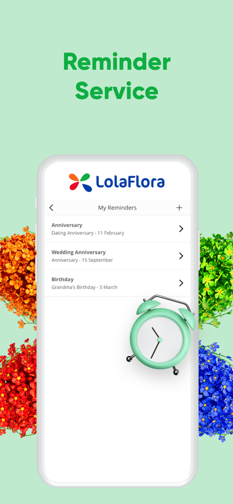 Interfaz de la aplicación LolaFlora que muestra el servicio de recordatorios para aniversarios y cumpleaños
