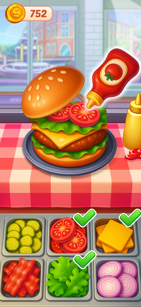 Cooking Chaos Cooking Games - Una captura de pantalla de un juego móvil de un pastel de carne que se está montando con ingredientes frescos y ketchup sobre un mantel a cuadros.