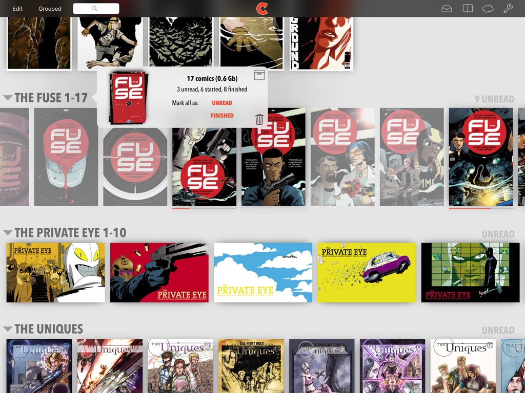 Digital comic library on iPad showing organized comic collections and reading progress