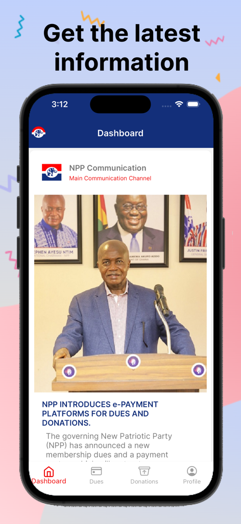 NPP Mobile - NPP Mobile app dashboard showing a news article about e-payment platforms for party dues and donations