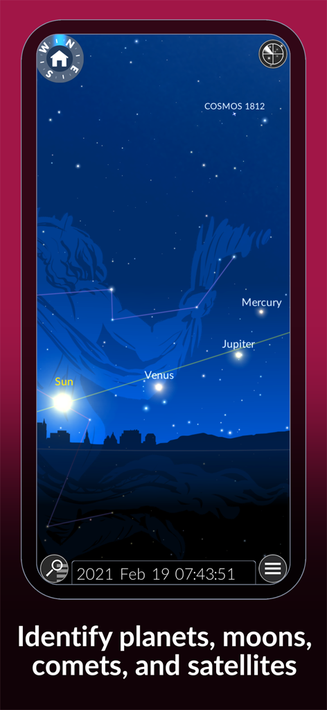 App screen showing the night sky with labels for the Sun, Venus, Jupiter, and Mercury along with a constellation figure and star data.