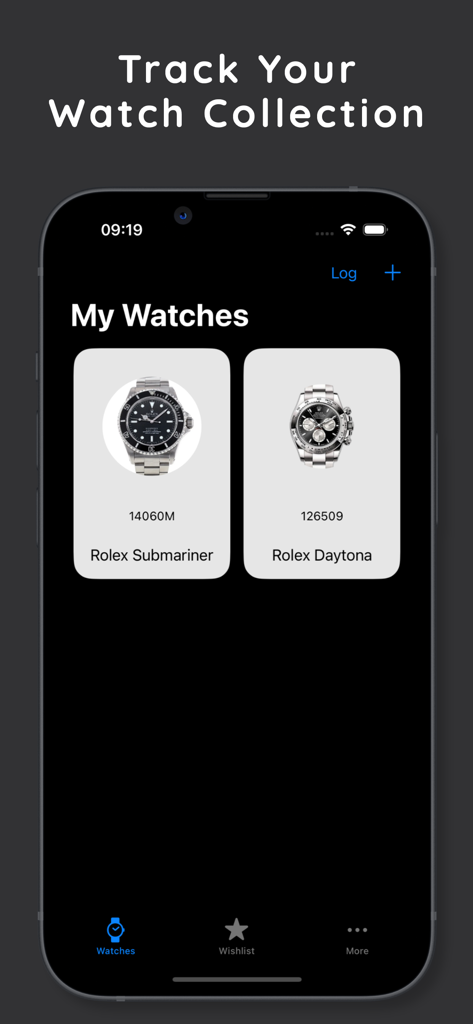 Watch Collector - Watch Collector app interface showing a digital gallery of luxury watches including Rolex Submariner and Daytona models