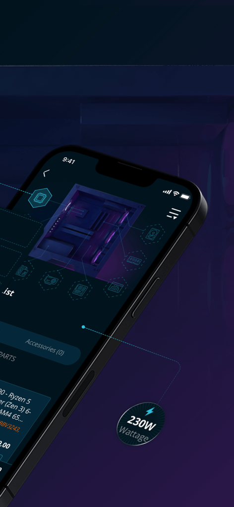 Newegg - Tech Shopping Online - Écran de smartphone montrant la fonctionnalité de constructeur de PC de l'application Newegg avec des détails techniques sur les composants et un suivi de la puissance.