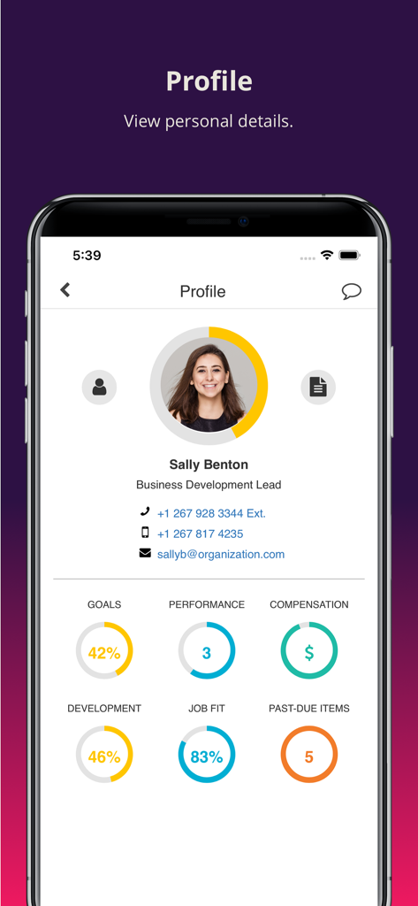 SumTotal Mobile app employee profile page showing personal contact details and corporate performance metrics