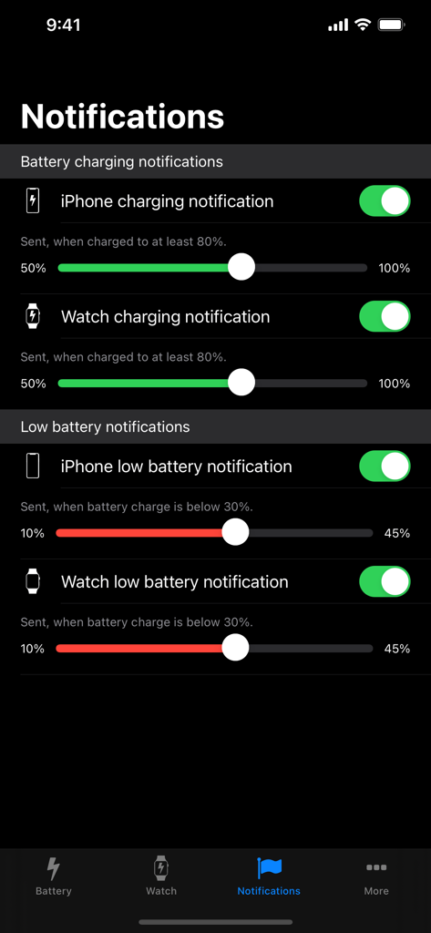 Customizable battery charging and low battery notification settings for iPhone and Apple Watch