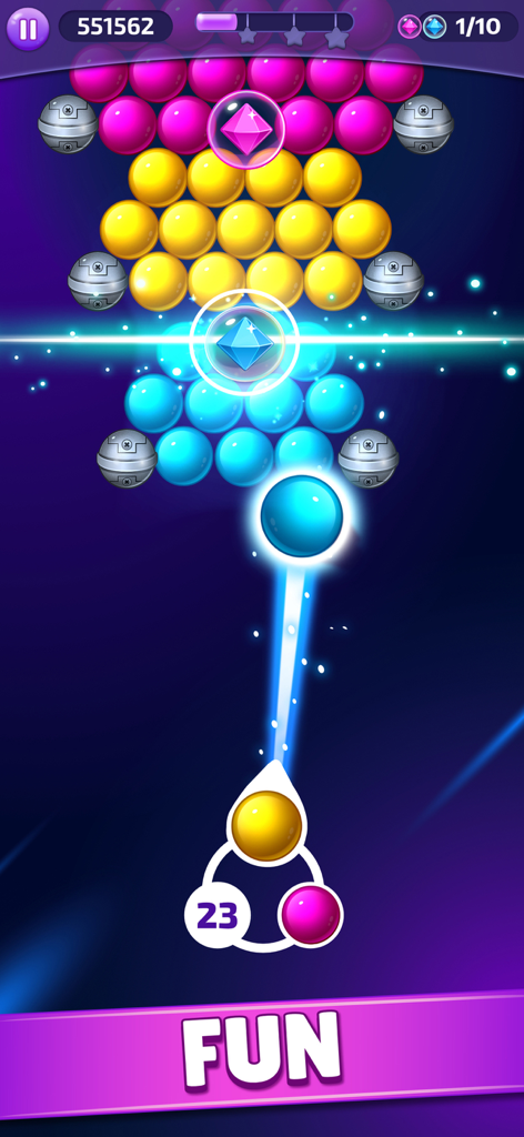 Interface colorida do jogo de atirar em bolhas mostrando uma bolha azul sendo lançada