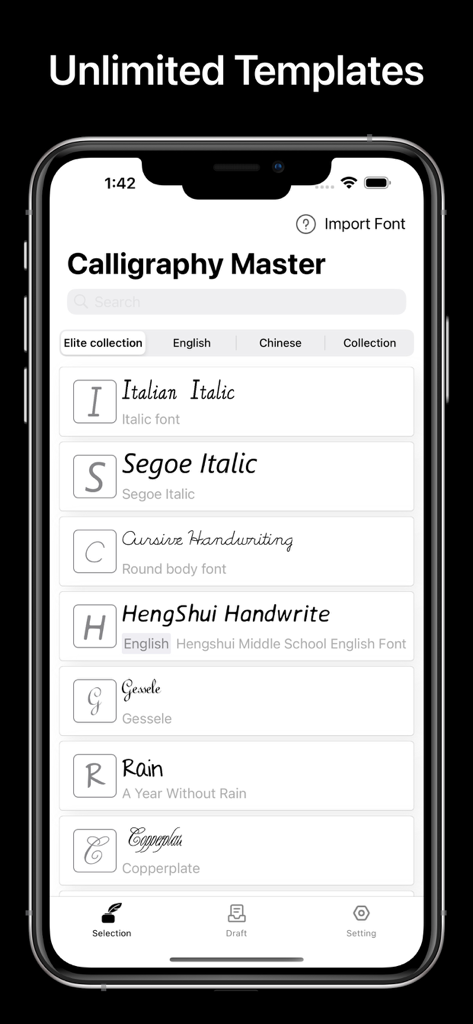 Calligraphy Master: Cursive - Selection of cursive and calligraphy font templates in the app