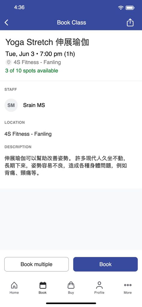 4S Fitness - A mobile app screen showing booking details for a Yoga Stretch class including time location and spots available.