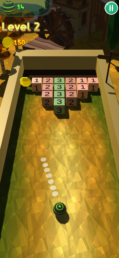 Bricks 3D Breaker - Gameplay screenshot of Bricks 3D Breaker showing a ball aiming at numbered blocks