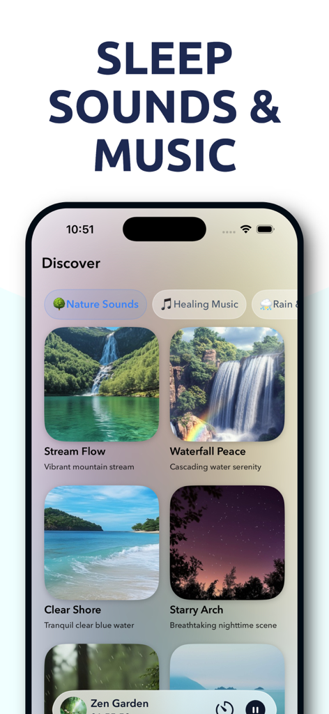 Interfaz de la aplicación Ondas Theta que presenta una selección de sonidos de la naturaleza y del sueño como Flujo de Arroyo y Paz de Cascada