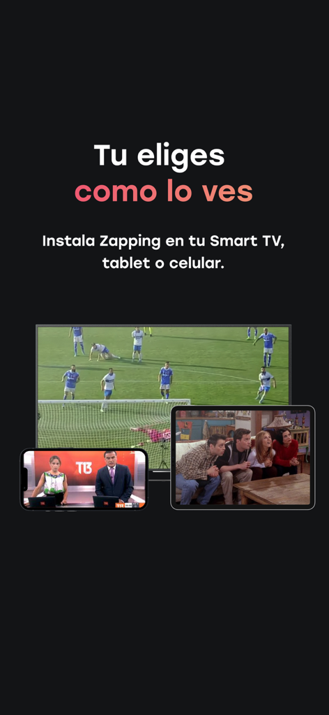 Application Zapping montrant des actualités sportives en direct et des séries en streaming sur une smart TV, une tablette et un smartphone